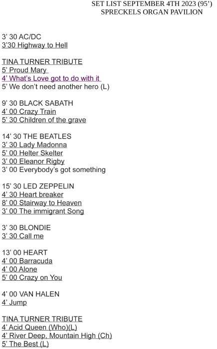 _x0 SET LIST IN ORDER Rock Band Sept 4 2023